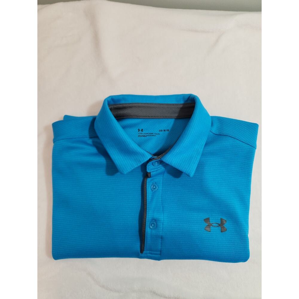 Under Armour Polo Shirt Mens Large Blue Heatgear Loose Ribbed Short Sleeve Golf